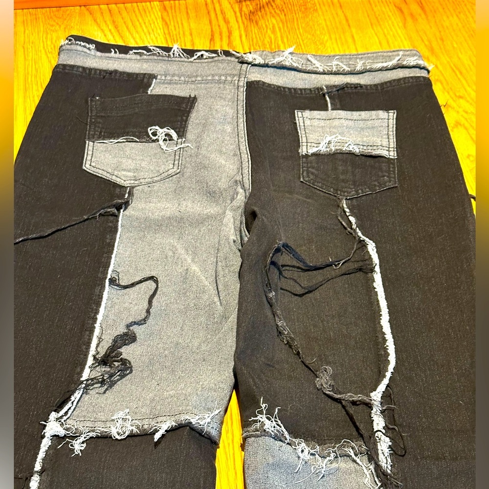 Black/Gray Distressed Patchwork Denim - image 3